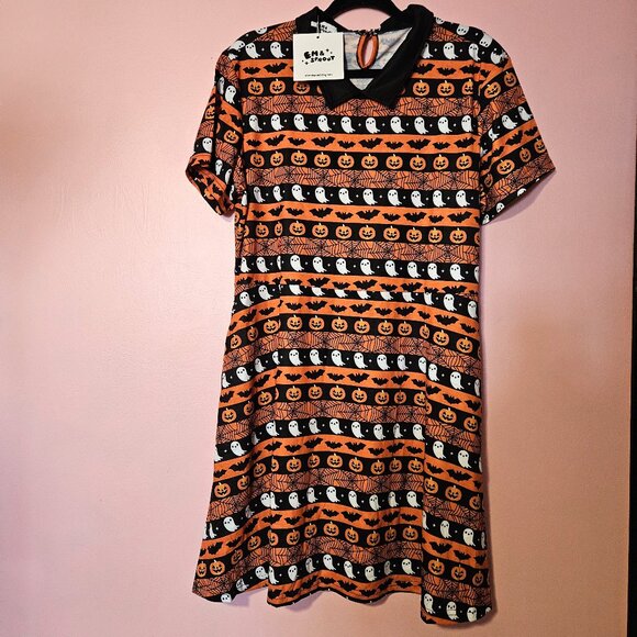 NWT Em & Sprout Halloween Stripes Collared Orange Black Pumpkin Ghost Bats Dress - Picture 1 of 5